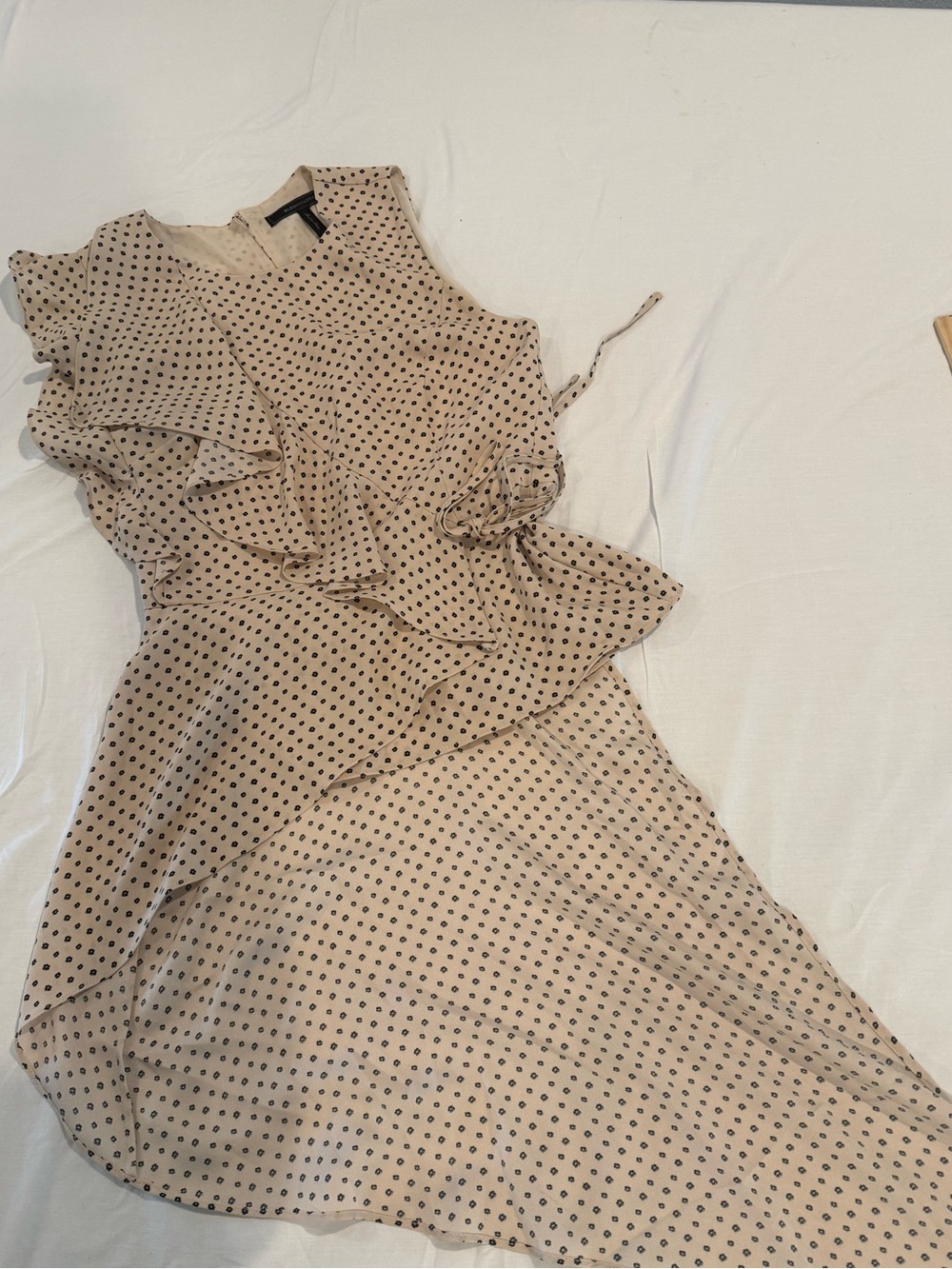 BCBGMaxAzria Beige Polka Dot Ruffle top
